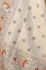 Cream Poly Dupion Dupatta with Traditional Screen Print and Fish Motif Border